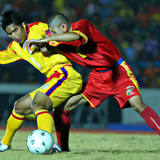 Hai cầu thủ từ hai đội bóng đối đầu nhau trong trận đấu AFF Cup căng thẳng.