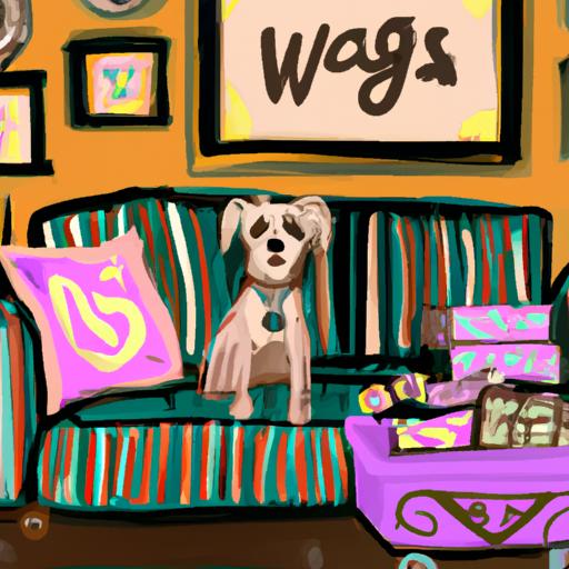 Chú chó đang ngồi trên ghế sofa, xung quanh là đồ đạc mang thương hiệu WAGs