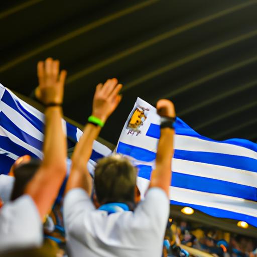 Hình ảnh các cổ động viên đội tuyển quốc gia Uruguay vẫy cờ và cổ vũ trong sân vận động.