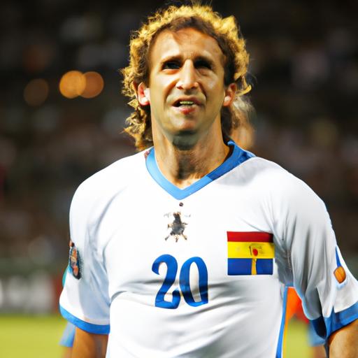Hình ảnh huyền thoại bóng đá Uruguay Diego Forlan thi đấu cho đội tuyển quốc gia.