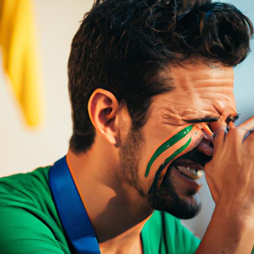 Một cổng cận cảnh của một cổ động viên bóng đá Brazil khóc nước mắt vì niềm vui sau khi đội tuyển của họ giành chiến thắng tại World Cup