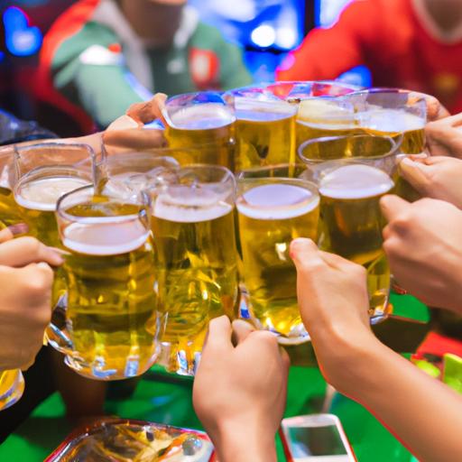 Nhóm bạn hò reo, clink ly bia trong khi xem trận đấu bóng đá tại quán nhậu.