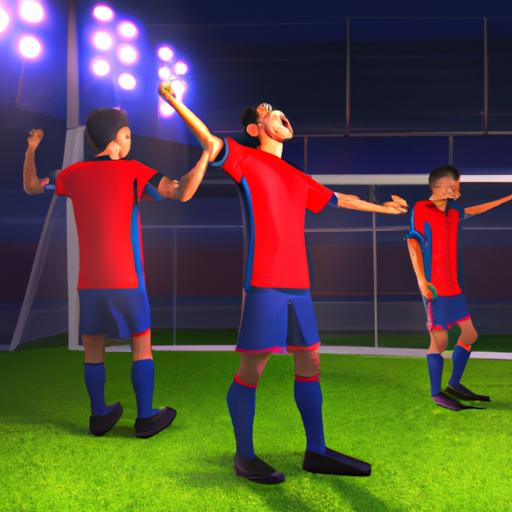Một nhóm cầu thủ đang mặc bộ Kit PSG Dream League Soccer ăn mừng bàn thắng