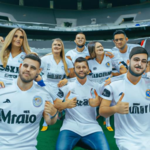 Một nhóm người hâm mộ Real Madrid mặc bộ trang phục Dream League Soccer tại sân vận động